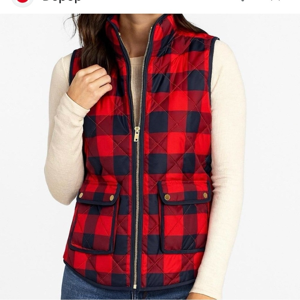 J. Crew Red and Black Checkered Quilted Vest